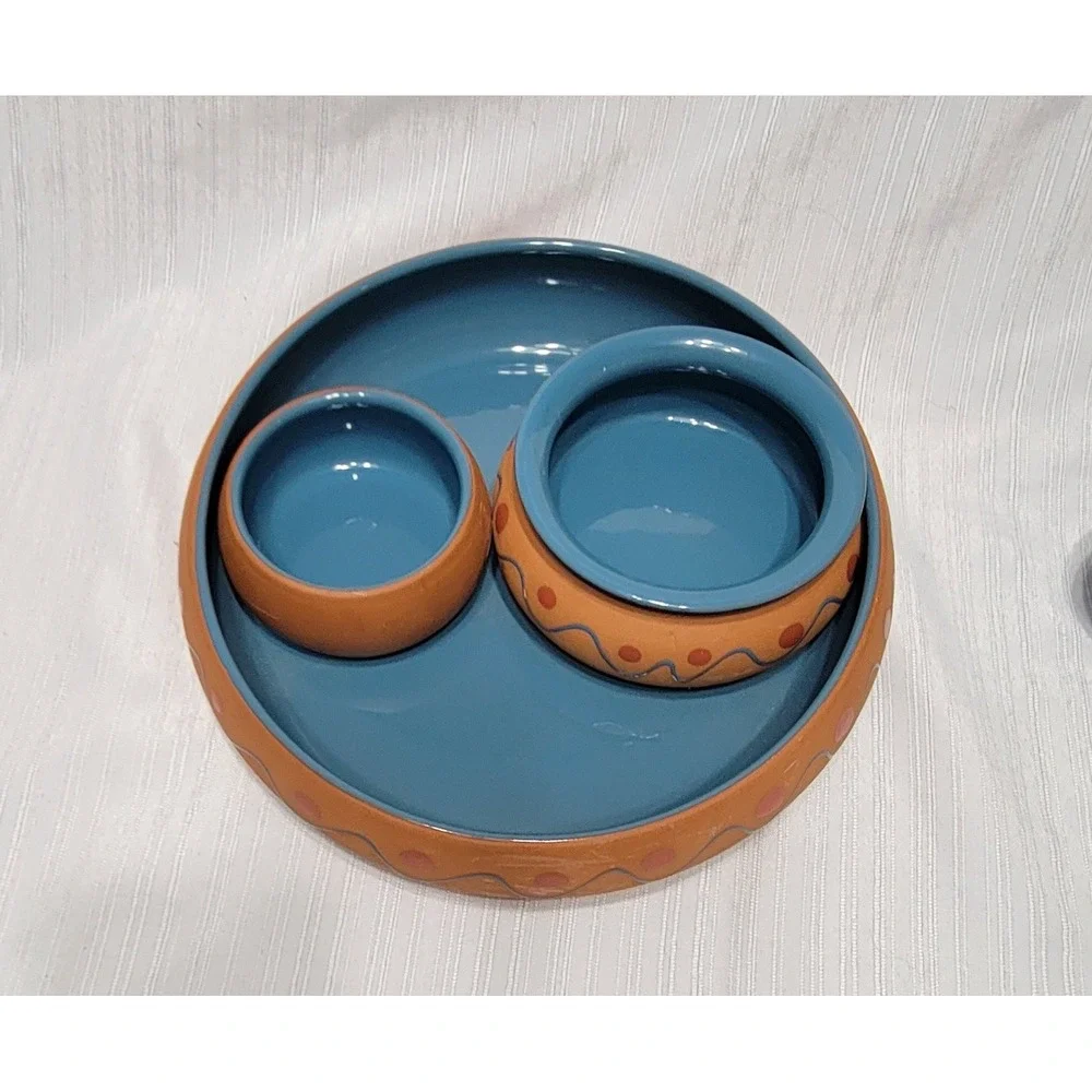 Handmade Portugal Ceramic Chip and Dip Set Blue Terracotta 4 Piece Serving Set